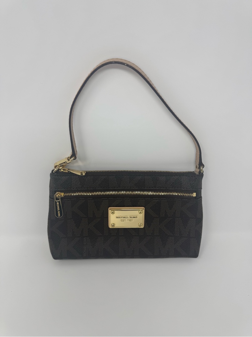 Michael Kors Brown Signature MK Canvas Wristlet with Gold Hardware